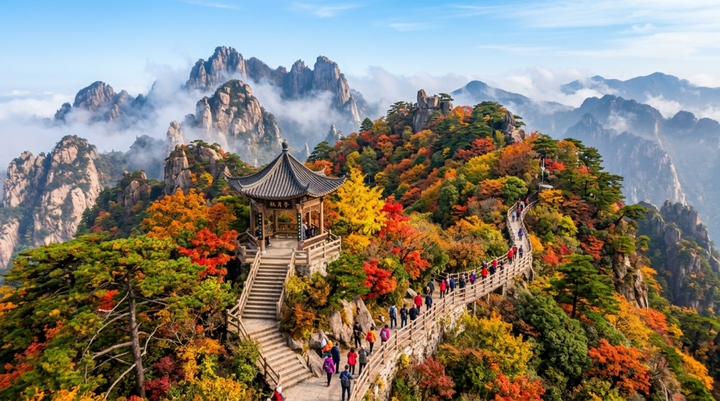 Traditional pavilion and crowded mountain trail amid colorful autumn trees